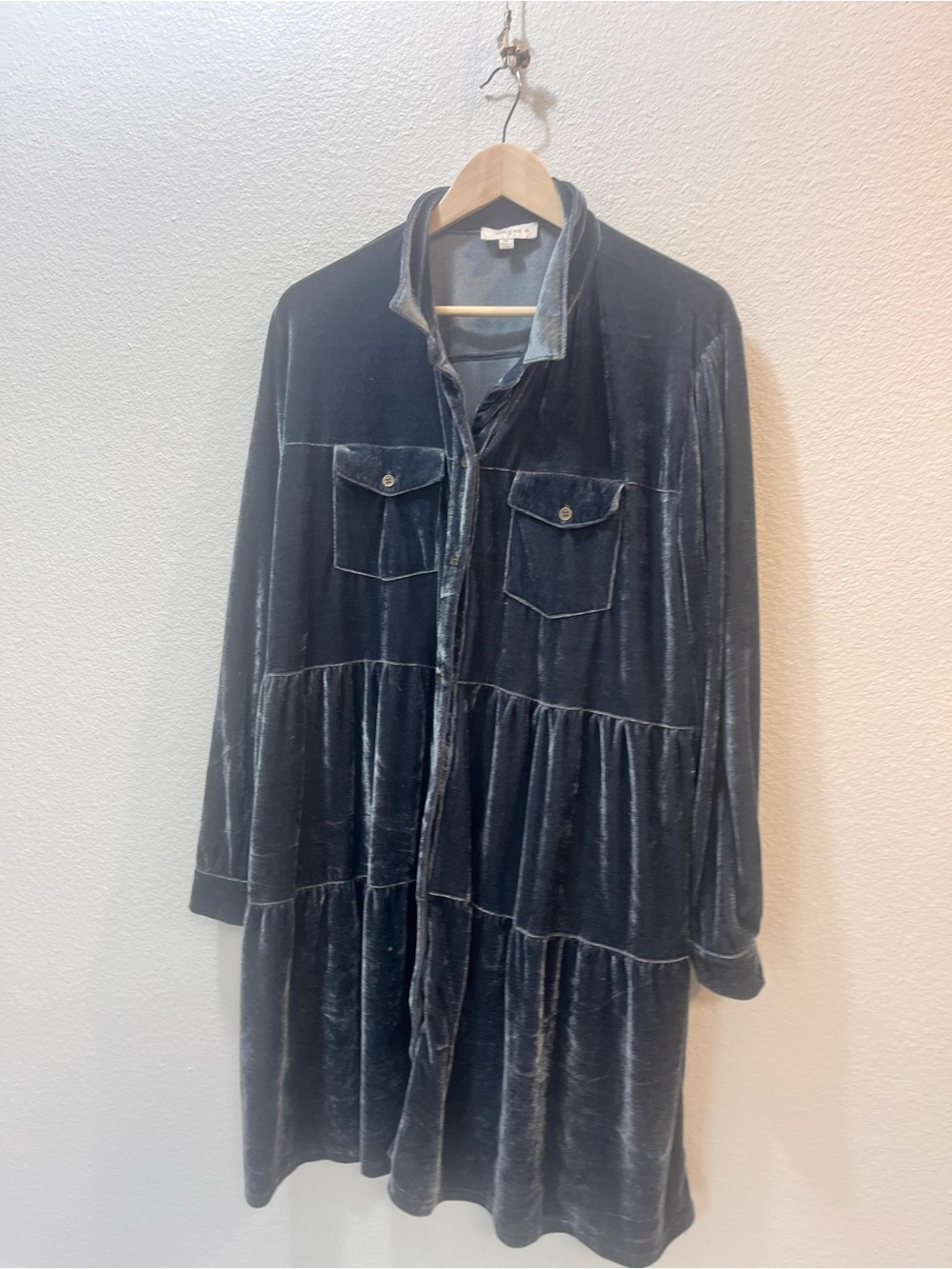 Umgee Charcoal Velvet Tiered Shirt Dress